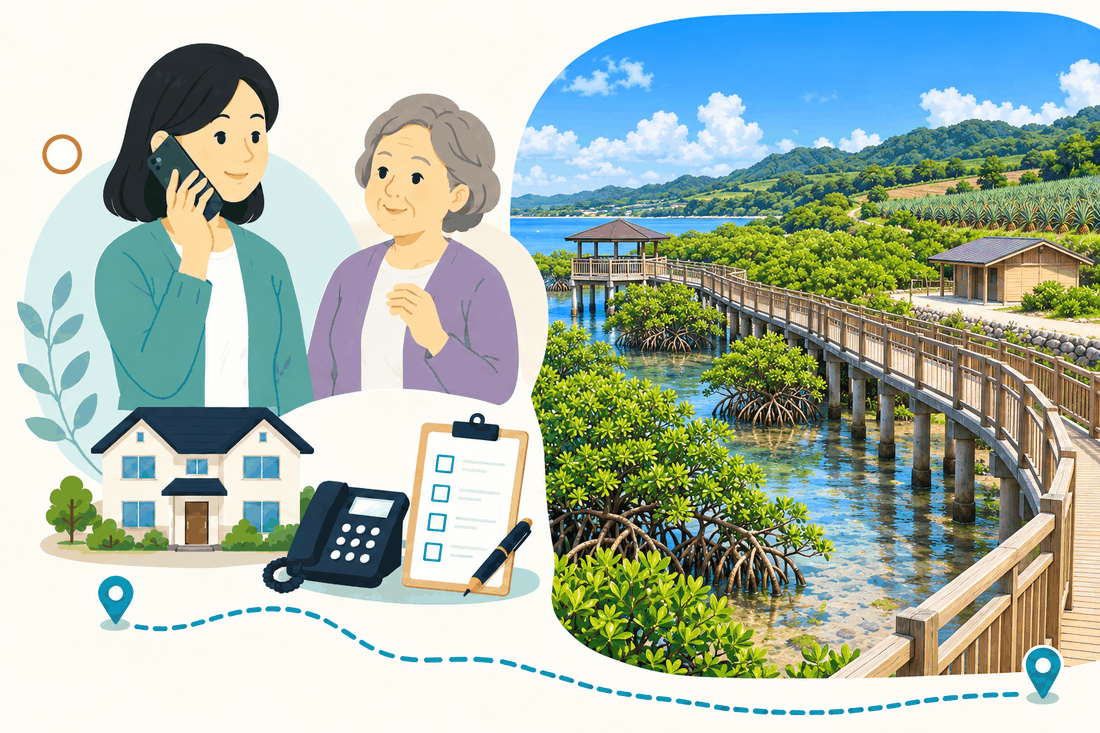 スマートフォンで電話する娘と、そばで聞く母。家と電話機と確認表を描いた絵の右に、マングローブが茂る浅い水辺に架かる木の遊歩道と東屋、パイナップル畑の丘を描いた案内イラスト