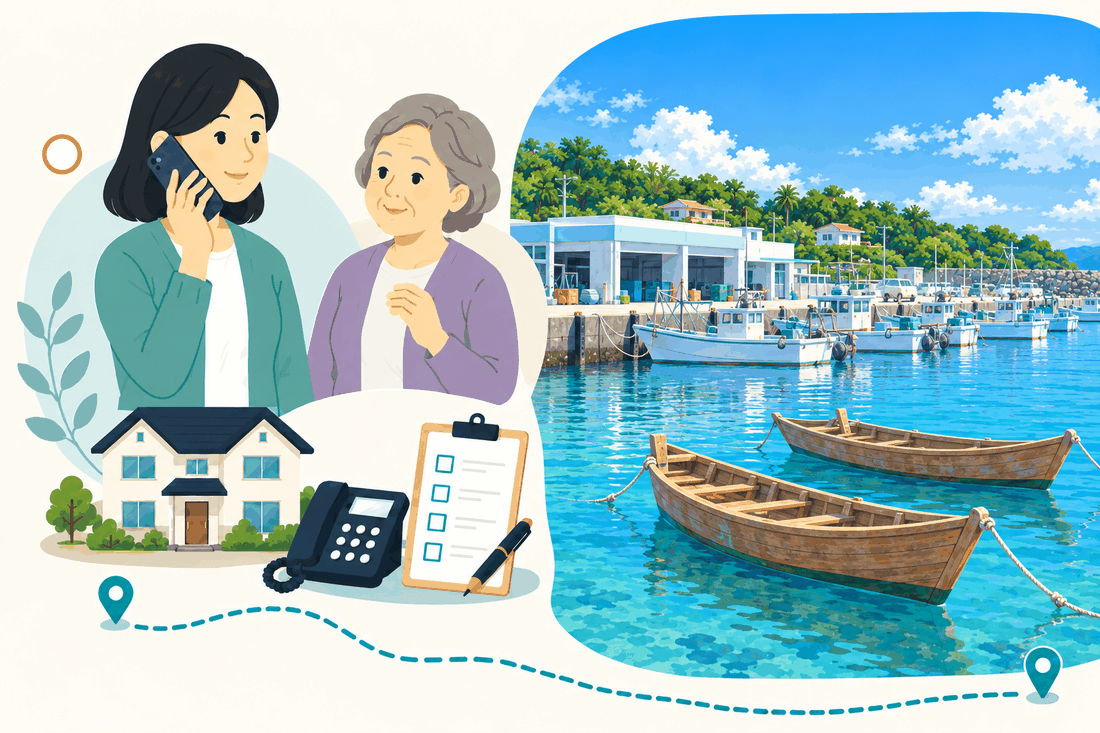 スマートフォンで電話する娘と、そばで聞く母。家と電話機と確認表を描いた絵の右に、澄んだ海に木の舟が浮かび、漁船が並ぶ糸満の漁港を描いた案内イラスト