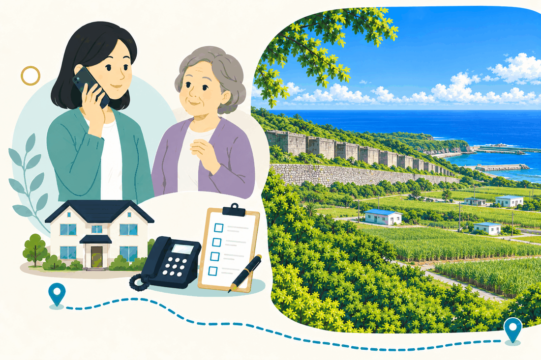 スマートフォンで電話する娘と、そばで聞く母。家と電話機と確認表を描いた絵の右に、海を見下ろす緑の斜面と、石を積んだ長い壁、さとうきび畑と青い屋根の小さな家を描いた案内イラスト