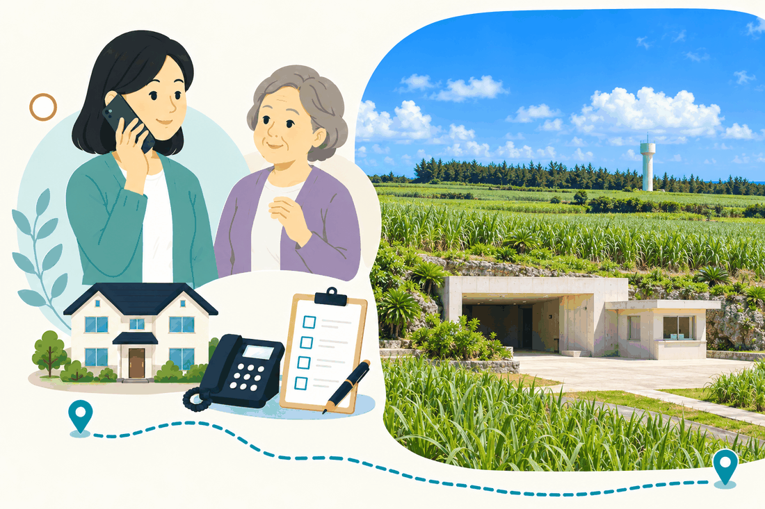 スマートフォンで電話する娘と、そばで聞く母。家と電話機と確認表を描いた絵の右に、さとうきび畑と、岩の壁を背にした平屋の建物、遠くの白い給水塔を描いた案内イラスト