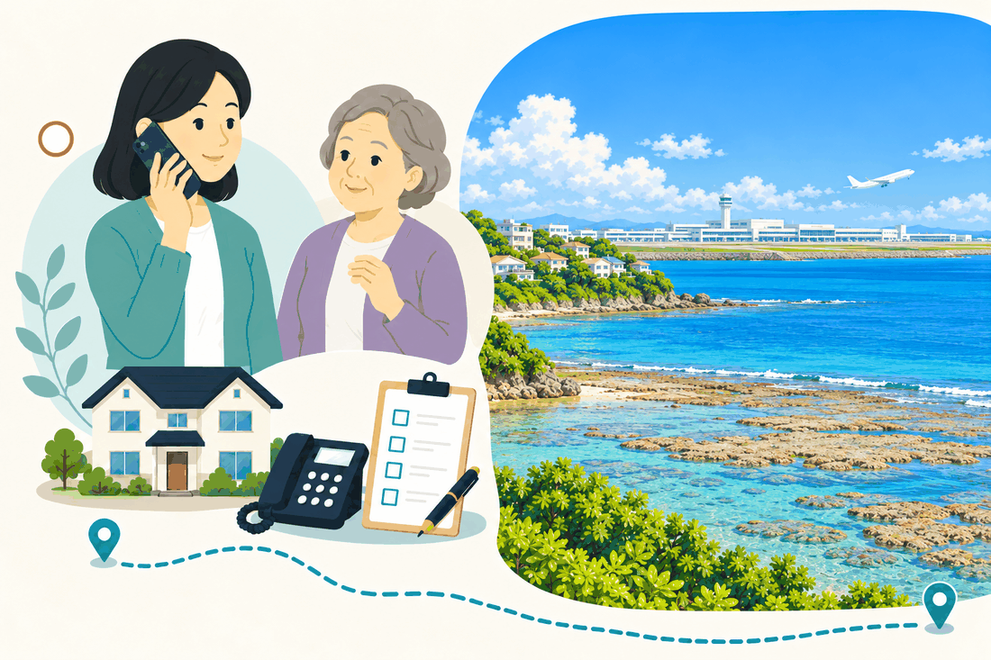 電話で相談する家族と親、住まい・固定電話・確認表と、青い海と岩礁、丘の上の白い住宅、遠くの空港の建物と飛び立つ飛行機を描いた案内イラスト