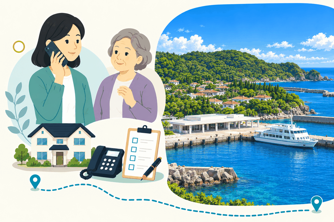 スマートフォンで電話する娘と、そばで聞く母。家と電話機と確認表を描いた絵の右に、緑の丘を背にした赤瓦の家々と、港に着く白い船、白い旅客ターミナルを描いた案内イラスト