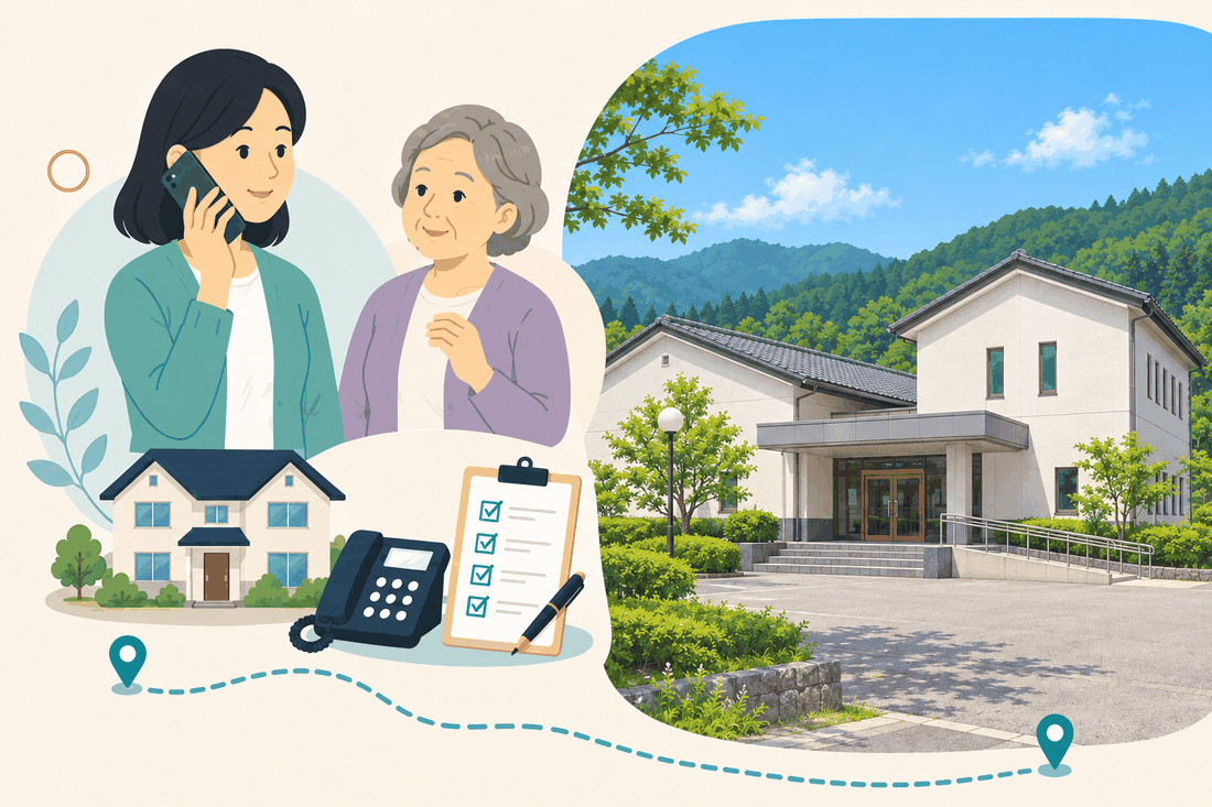 電話で相談する女性と親、住まい・固定電話・確認表と、山を背にした、白い二階建てで濃灰色の瓦屋根の建物と、短い階段とスロープを描いた案内イラスト