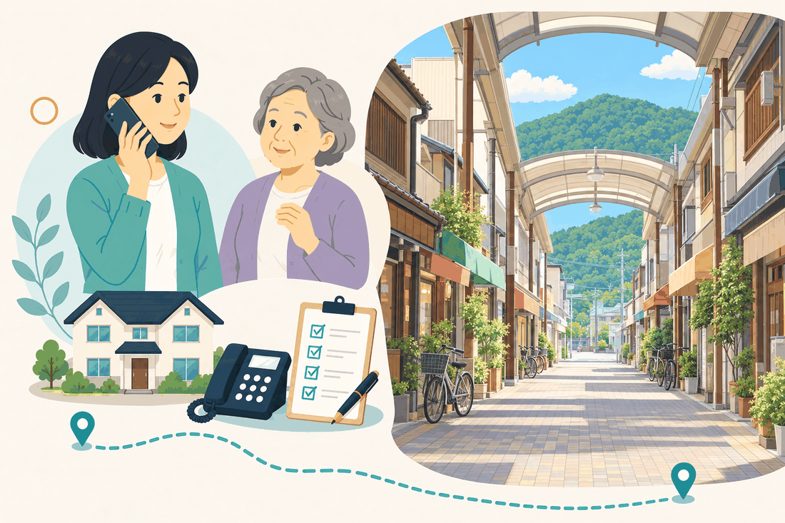 電話で相談する女性と親、住まい・固定電話・確認表と、半透明の屋根のアーケードが続く商店街の通りと、正面に見える山、自転車を描いた案内イラスト