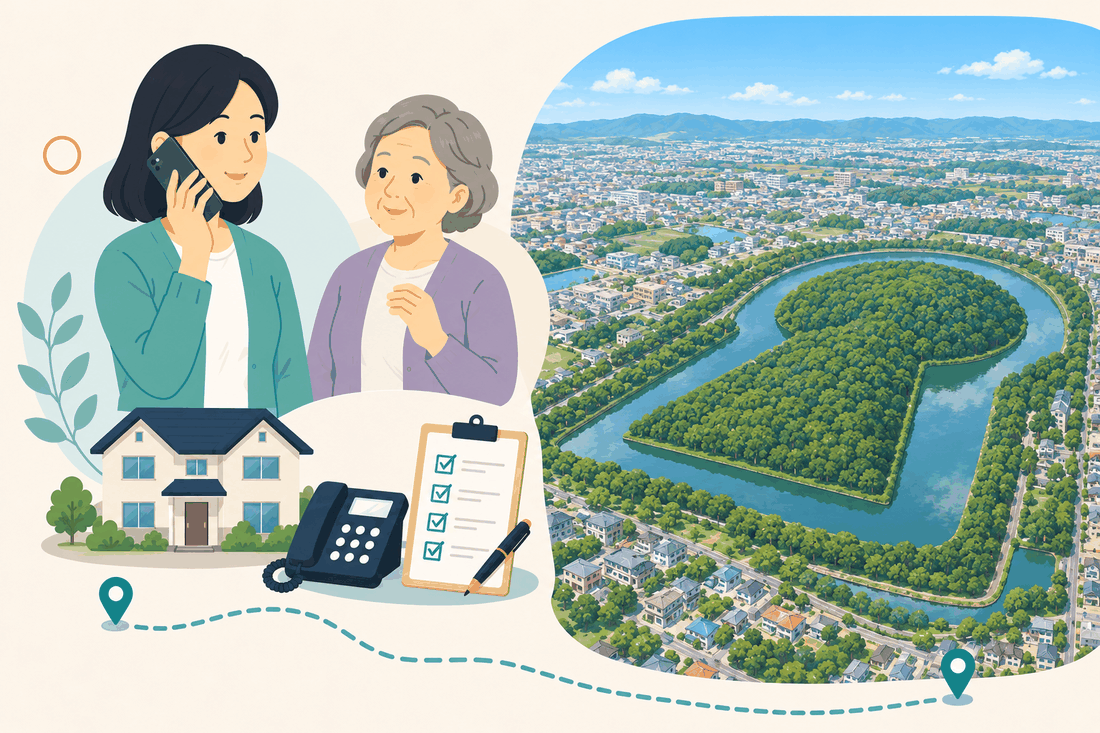 電話で相談する女性と親、住まい・固定電話・確認表と、上空から見た、水濠に囲まれた森の前方後円墳と、周囲の住宅地を描いた案内イラスト