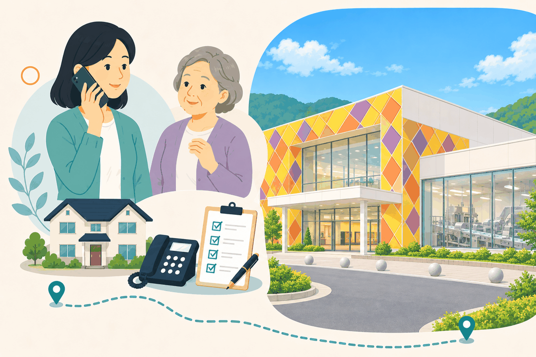 電話で相談する女性と親、住まい・固定電話・確認表と、黄・橙・紫のひし形の模様の外壁をもつ白い建物と、ガラスの入口を描いた案内イラスト