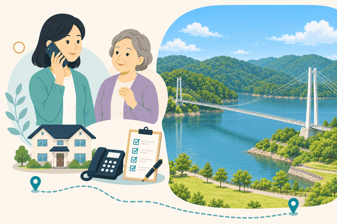 電話で相談する女性と親、住まい・固定電話・確認表と、山に囲まれた湖を渡る、白い塔から架かる細長い吊橋と、湖畔の芝生を描いた案内イラスト
