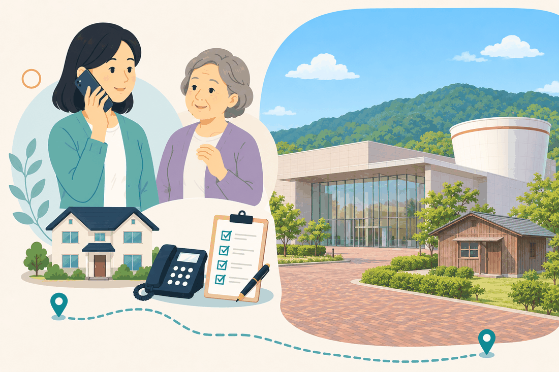 電話で相談する女性と親、住まい・固定電話・確認表と、山を背にした、ガラス張りの低い建物と円筒形の白い建物、庭の木造の小屋、レンガ敷きの広場を描いた案内イラスト