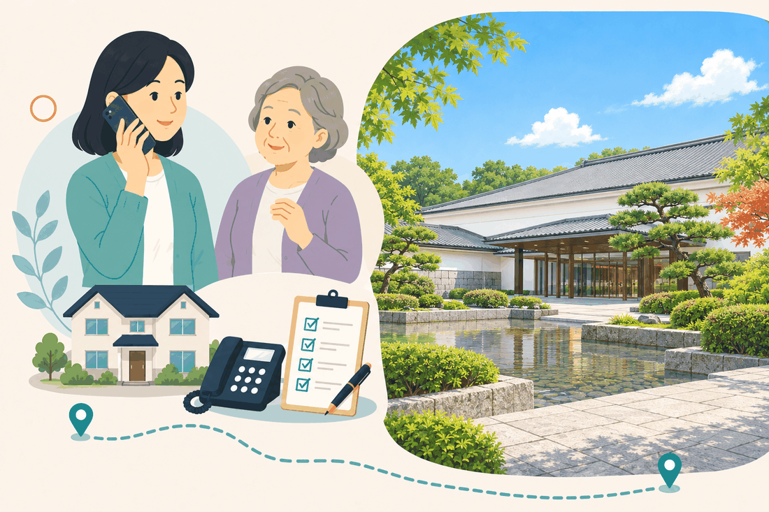 電話で相談する女性と親、住まい・固定電話・確認表と、白い壁と深い軒の濃灰色の瓦屋根の長い建物、手前の水庭と刈り込んだ松、紅葉を描いた案内イラスト