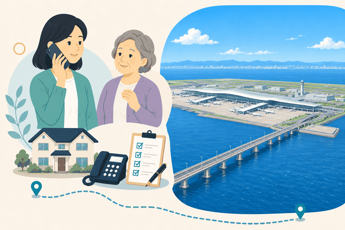 電話で相談する女性と親、住まい・固定電話・確認表と、海に浮かぶ島に長く横たわる銀白色の空港ターミナルと、沖へ延びる連絡橋を描いた案内イラスト