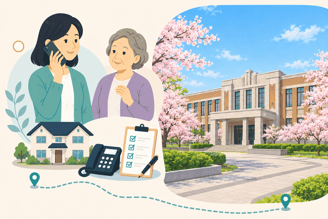 電話で相談する女性と親、住まい・固定電話・確認表と、桜並木の前に立つ、淡い石材と煉瓦調の左右対称の大きな建物を描いた案内イラスト