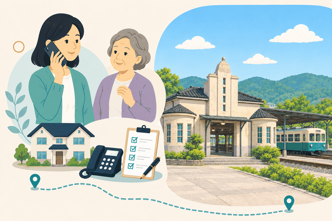 電話で相談する女性と親、住まい・固定電話・確認表と、塔のような入口をもつ淡い色の平屋の駅舎と、ホームに停まる青緑の電車、背後の山並みを描いた案内イラスト