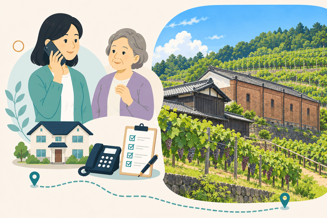電話で相談する女性と親、住まい・固定電話・確認表と、山の斜面に広がるぶどう畑と、長い赤煉瓦の建物、瓦屋根の木造の建物を描いた案内イラスト