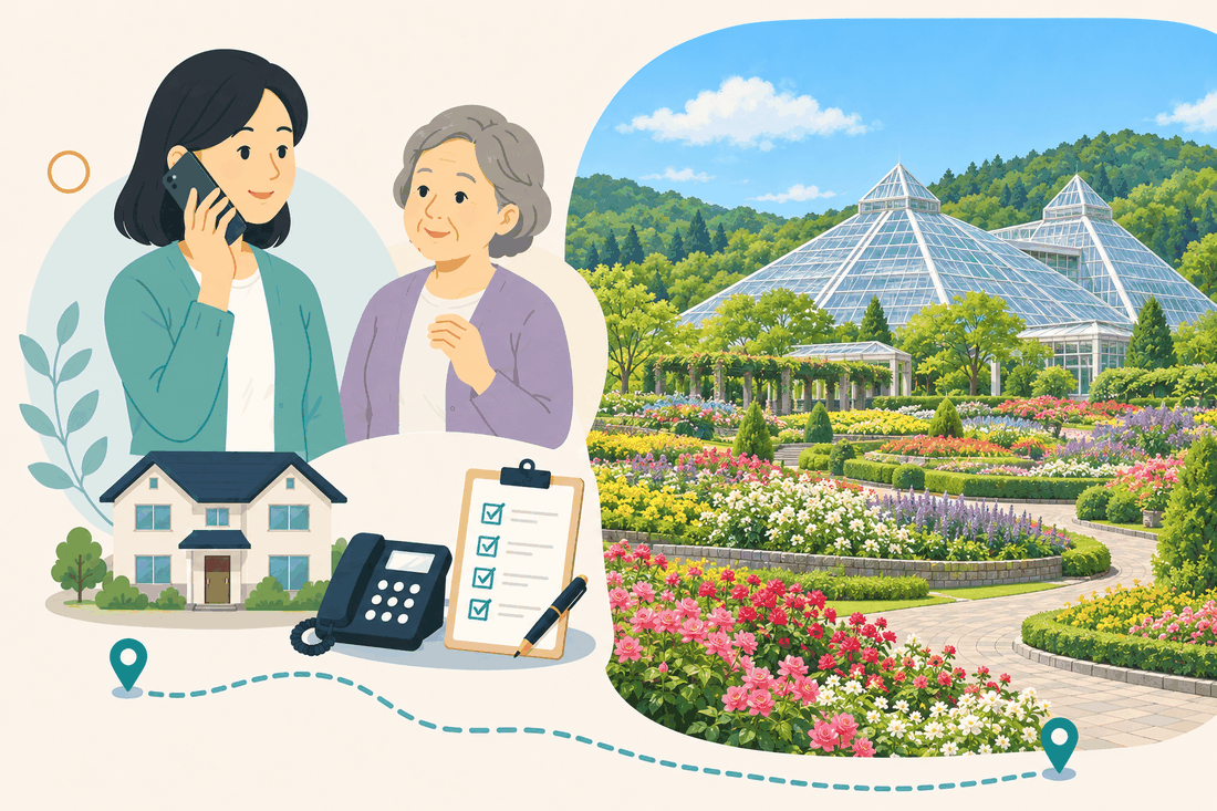 電話で相談する女性と親、住まい・固定電話・確認表と、山裾に立つ二つのピラミッド形のガラス温室と、手前の色とりどりの花壇を描いた案内イラスト