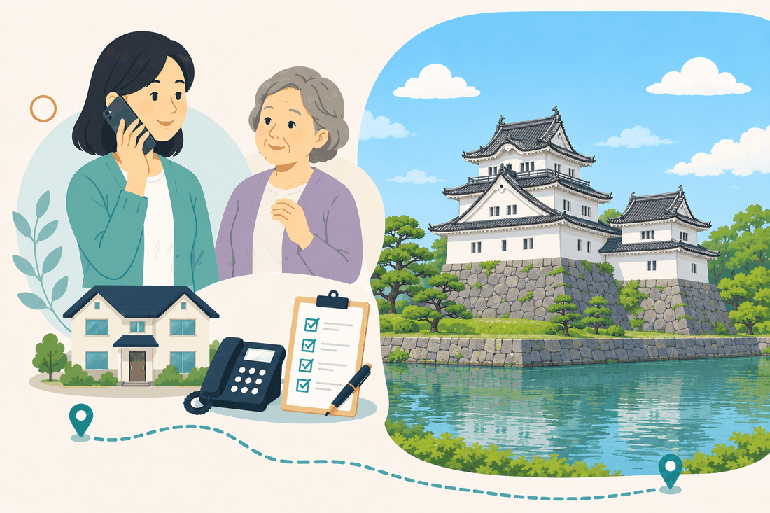 電話で相談する女性と親、住まい・固定電話・確認表と、堀の水面と石垣の上に白壁と黒瓦の天守が立つ城を描いた案内イラスト