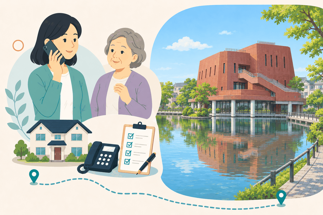 電話で相談する女性と親、住まい・固定電話・確認表と、池の水面に映る、赤褐色の大きな三階建ての建物を描いた案内イラスト