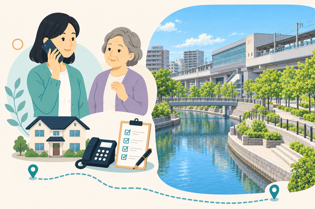 電話で相談する女性と親、住まい・固定電話・確認表と、高架の駅と、駅の下を流れる川、石積みの遊歩道と歩道橋、街路樹を描いた案内イラスト