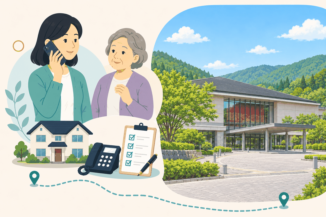 電話で相談する女性と親、住まい・固定電話・確認表と、山を背にした低い建物と、ガラスのロビー越しに見える赤い幕、大きな車寄せを描いた案内イラスト