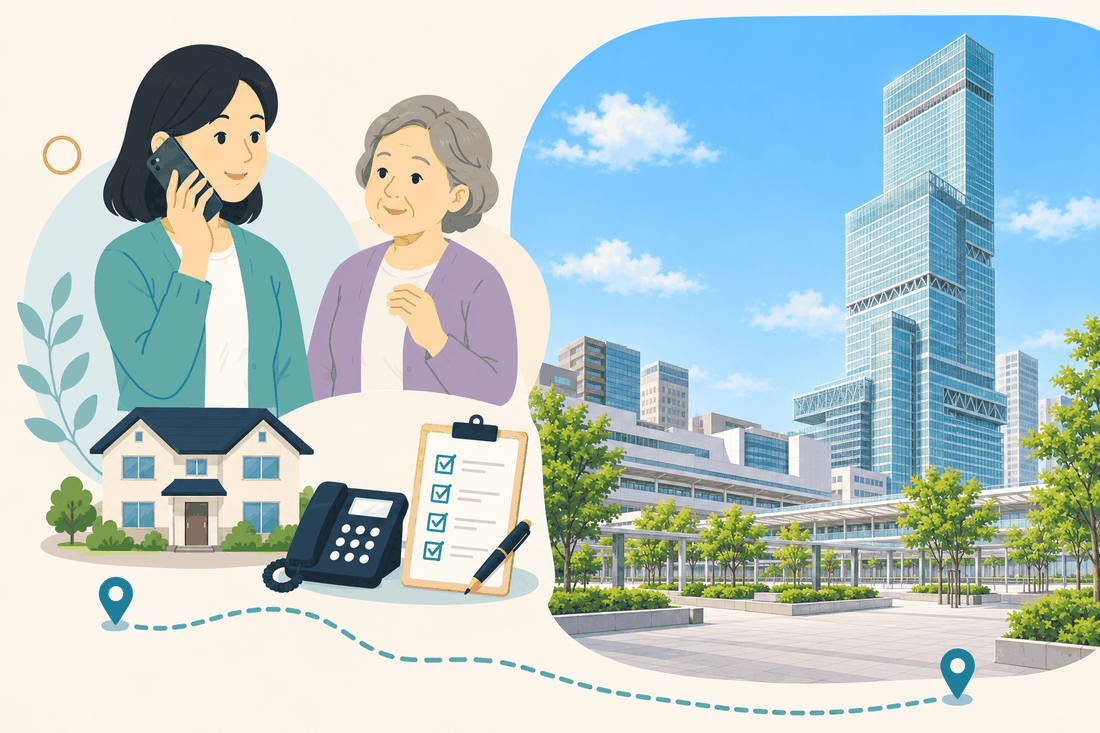 電話で相談する女性と親、住まい・固定電話・確認表と、段状にずれながらそびえる超高層ビルと、手前の広場と並木を描いた案内イラスト