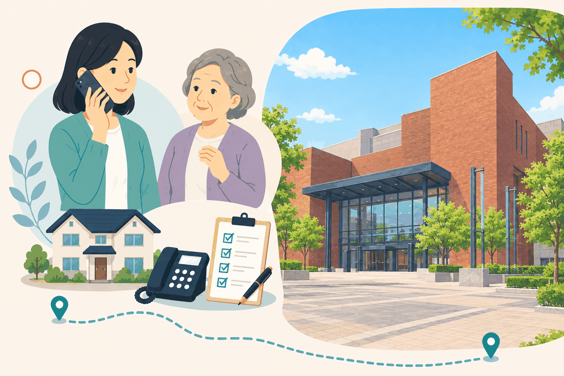 電話で相談する女性と親、住まい・固定電話・確認表と、赤れんがの外壁とガラスの玄関、濃紺の庇をもつ建物と、前の広場の木々を描いた案内イラスト