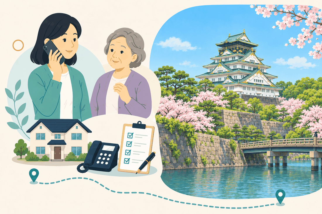 電話で相談する女性と親、住まい・固定電話・確認表と、桜が咲く石垣と堀の上に建つ、緑の屋根に金の飾りの天守と、堀に架かる橋を描いた案内イラスト