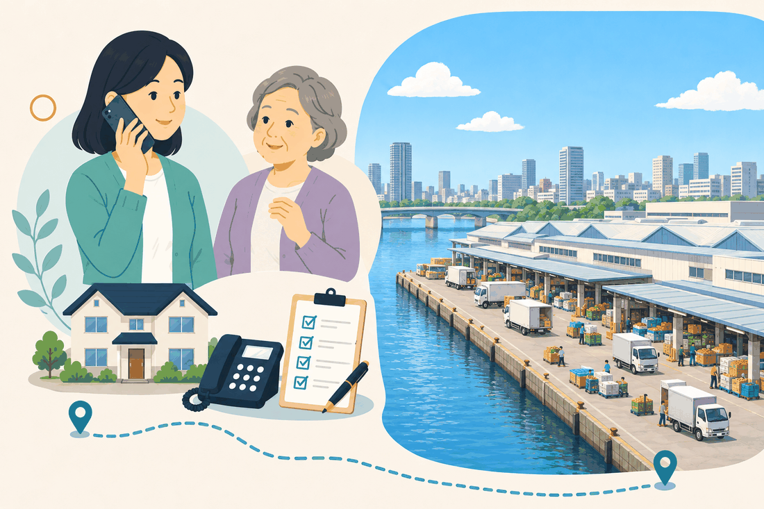 電話で相談する女性と親、住まい・固定電話・確認表と、川に面した岸壁に連なる、低い屋根の市場の建物と、荷さばき場に並ぶ白い貨物トラック、遠くの橋と街並みを描いた案内イラスト