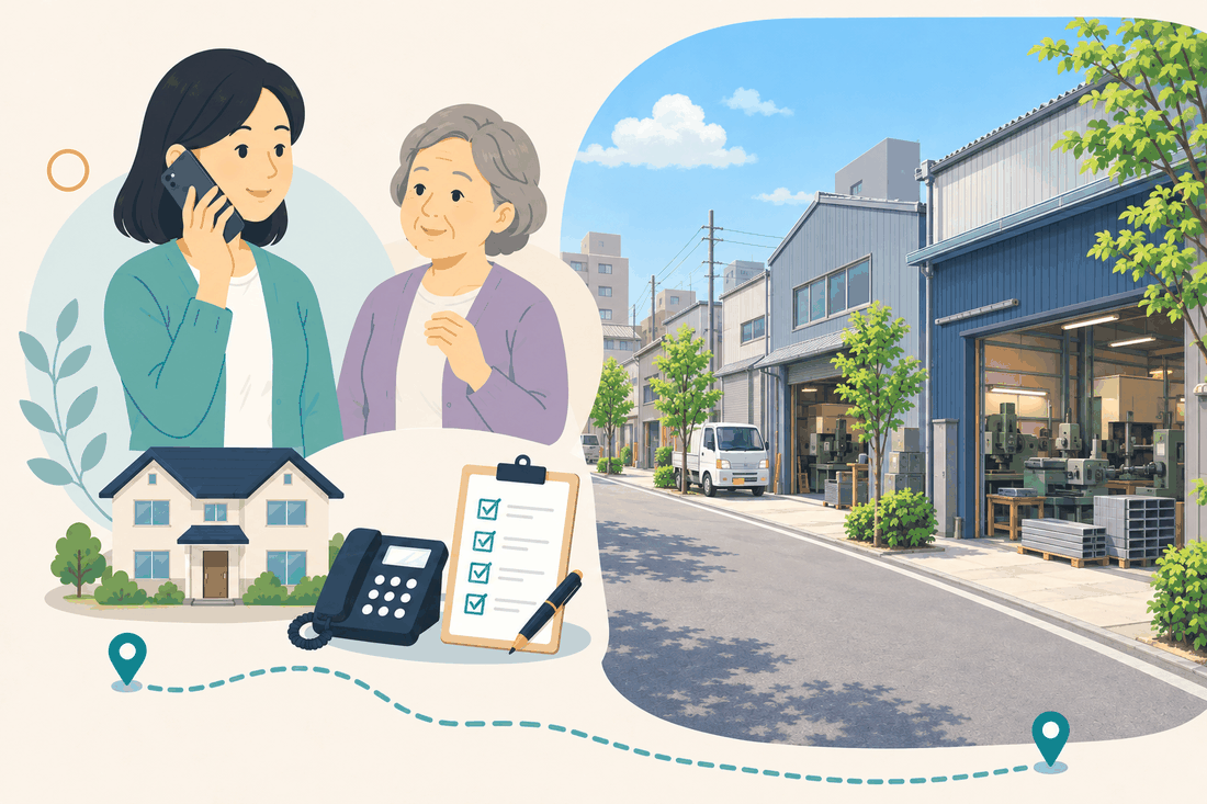電話で相談する女性と親、住まい・固定電話・確認表と、小さな工場が並ぶ通りと、開いた作業場に見える工作機械、小さな白いトラック、街路樹を描いた案内イラスト