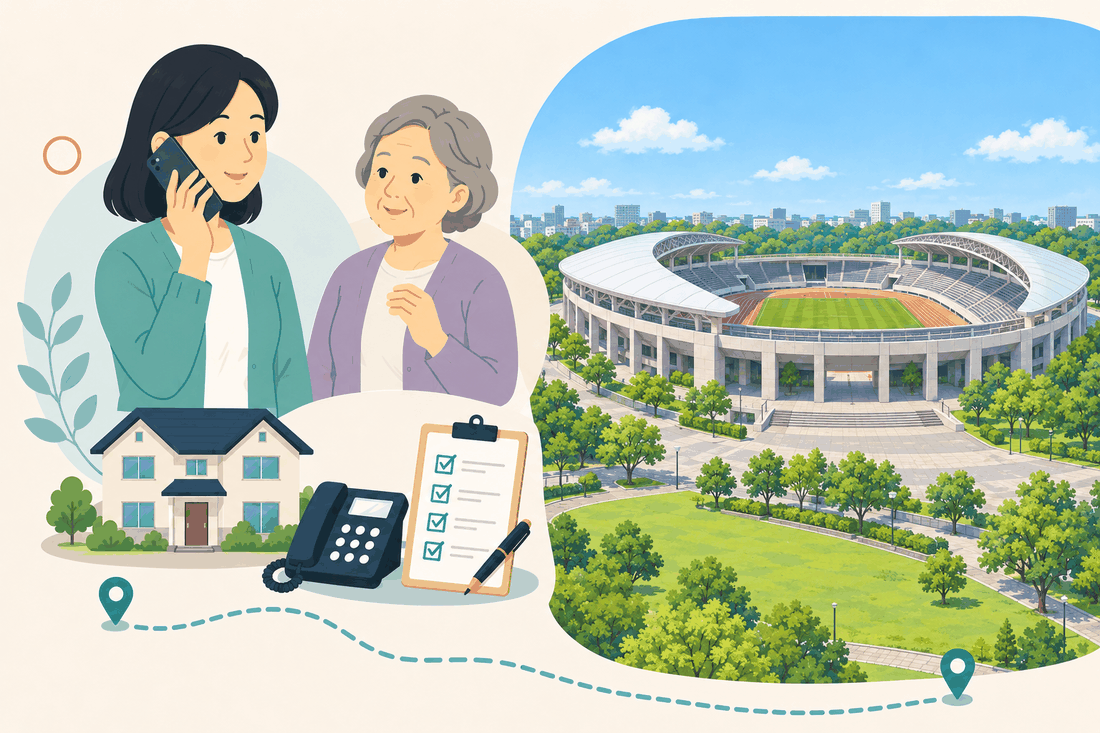 電話で相談する女性と親、住まい・固定電話・確認表と、緑の芝のグラウンドと陸上トラックをもつ楕円形の競技場、白い屋根、周囲の芝生と並木を描いた案内イラスト