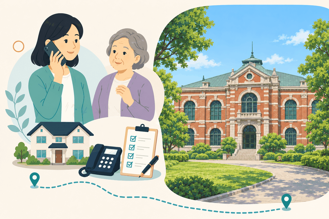 電話で相談する女性と親、住まい・固定電話・確認表と、赤れんがの壁に白い石の縁取り、アーチ窓と緑青色の屋根をもつ二階建ての建物と、前庭の芝生と木々を描いた案内イラスト