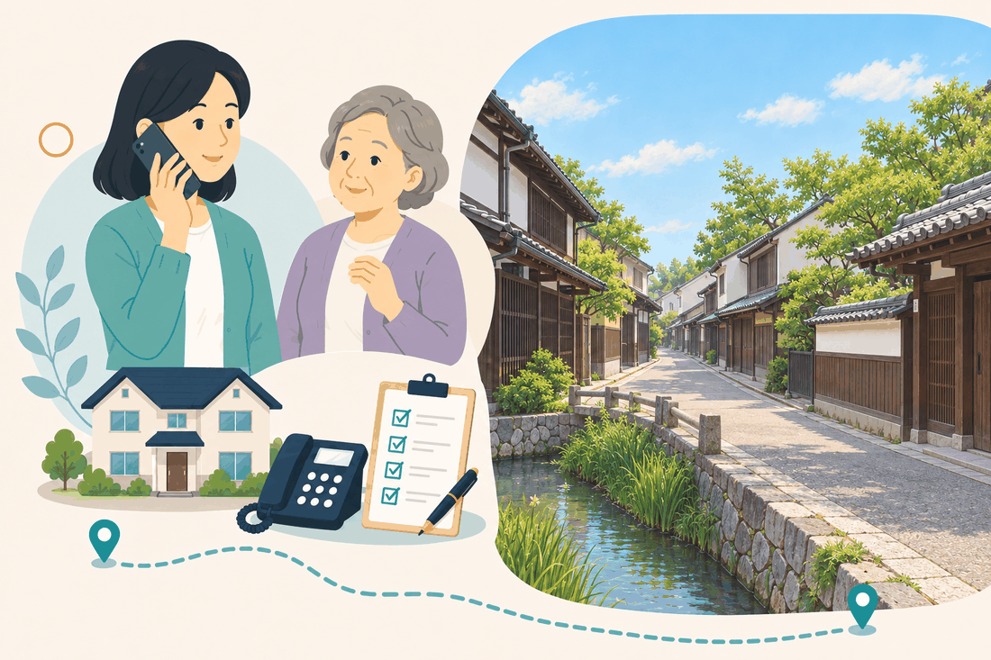 電話で相談する女性と親、住まい・固定電話・確認表と、木格子と白壁の町家が続く通りと、石積みの水路、瓦屋根を描いた案内イラスト