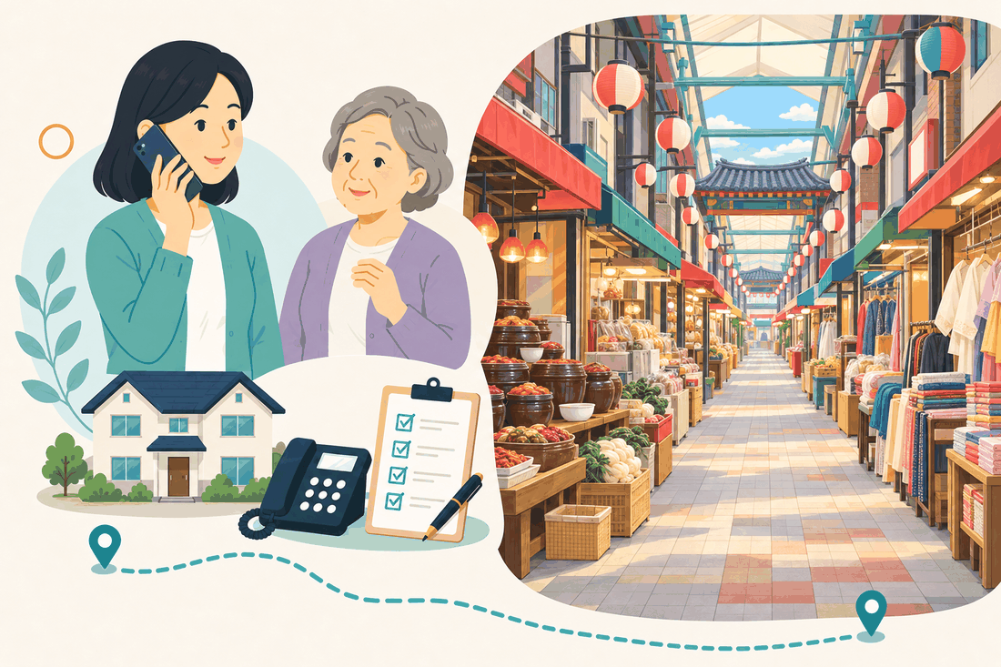 電話で相談する女性と親、住まい・固定電話・確認表と、提灯が並び、食材の樽や野菜、衣料品の店先が続く屋根付きの商店街と、奥に見える韓国風の屋根の門を描いた案内イラスト