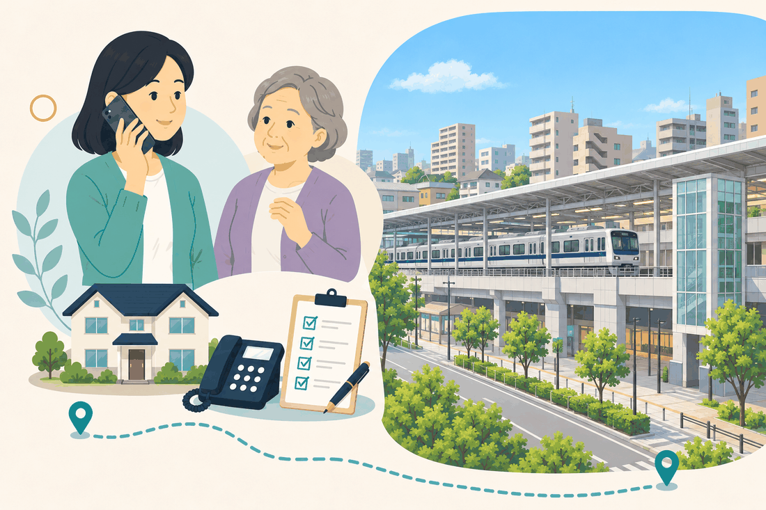 電話で相談する女性と親、住まい・固定電話・確認表と、高架の駅のホームに停まる銀色と紺の電車と、ガラス張りの昇降設備、駅前の道と街路樹、周囲の中層マンションを描いた案内イラスト