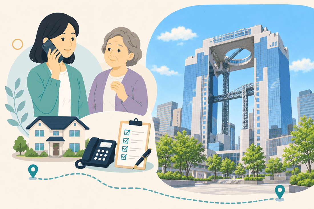 電話で相談する女性と親、住まい・固定電話・確認表と、ガラス張りの二棟の高層ビルが、上部の円形の空中庭園と鉄骨の通路でつながる超高層ビルと、手前の木立と広場を描いた案内イラスト
