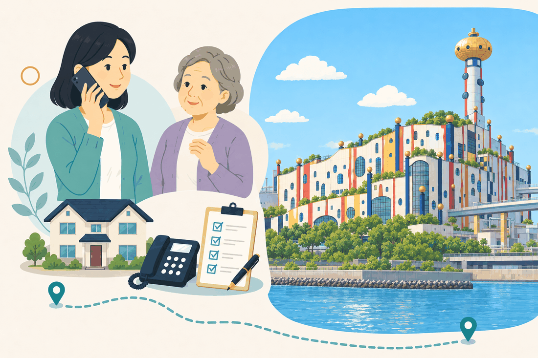 電話で相談する女性と親、住まい・固定電話・確認表と、白壁に赤・青・黄の縦帯と丸窓、屋上の緑をもつ建物と、金色の球をのせた細い塔、手前の海面を描いた案内イラスト