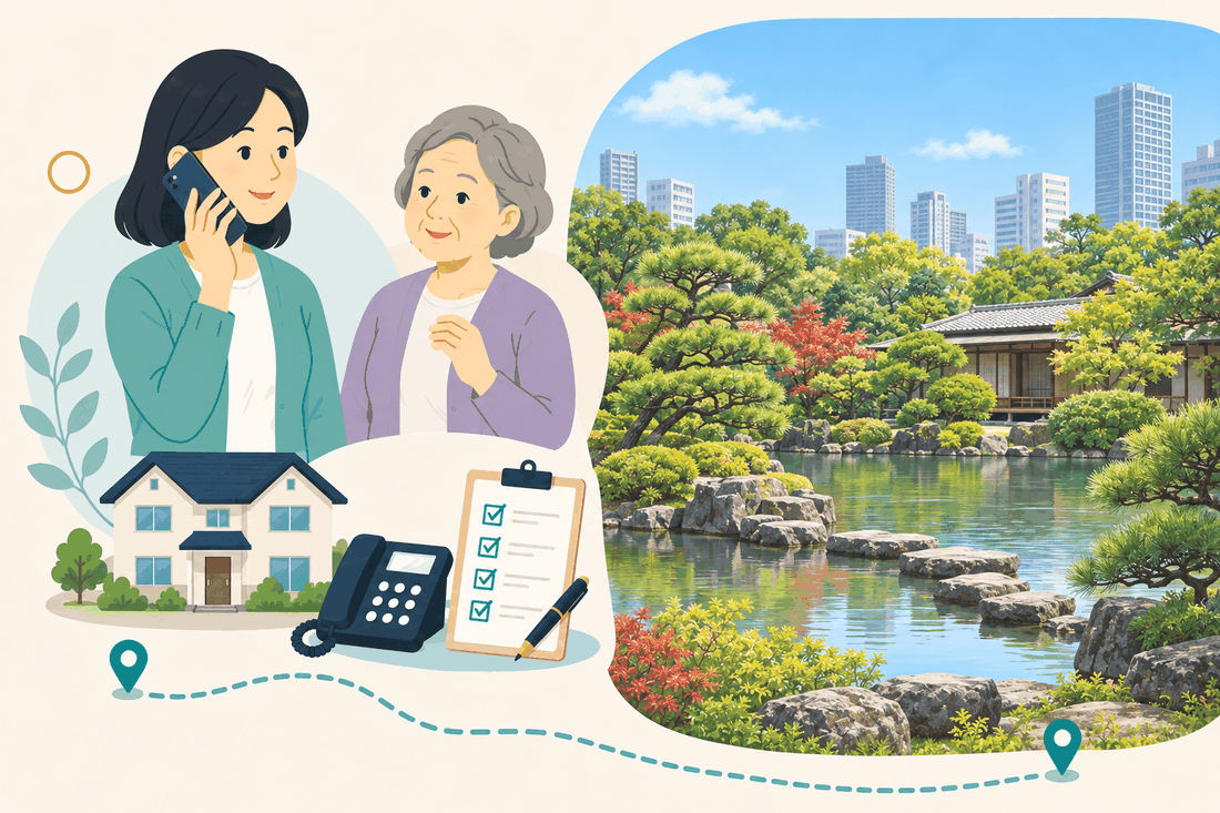 電話で相談する女性と親、住まい・固定電話・確認表と、池の飛び石と手入れされた松、紅葉のある日本庭園と、奥の和風の建物、遠くの高層マンションを描いた案内イラスト