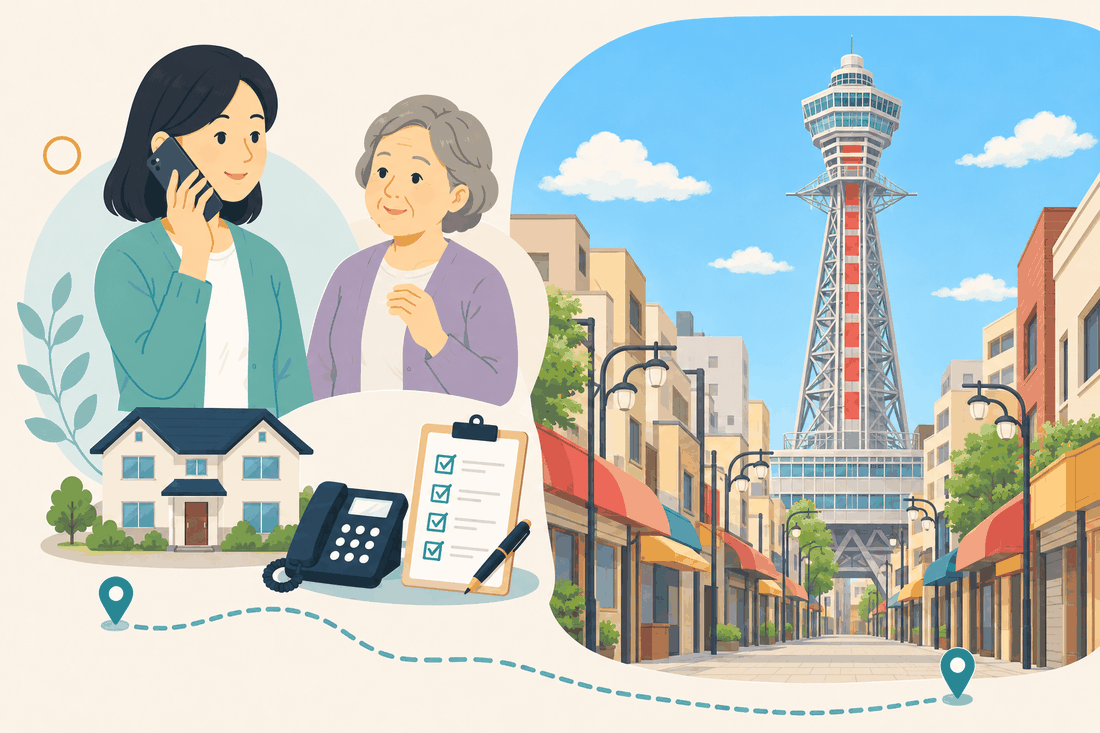 電話で相談する女性と親、住まい・固定電話・確認表と、赤い帯のある鉄骨の展望塔と、手前に続く、布のひさしの低い店が並ぶ街灯のある通りを描いた案内イラスト