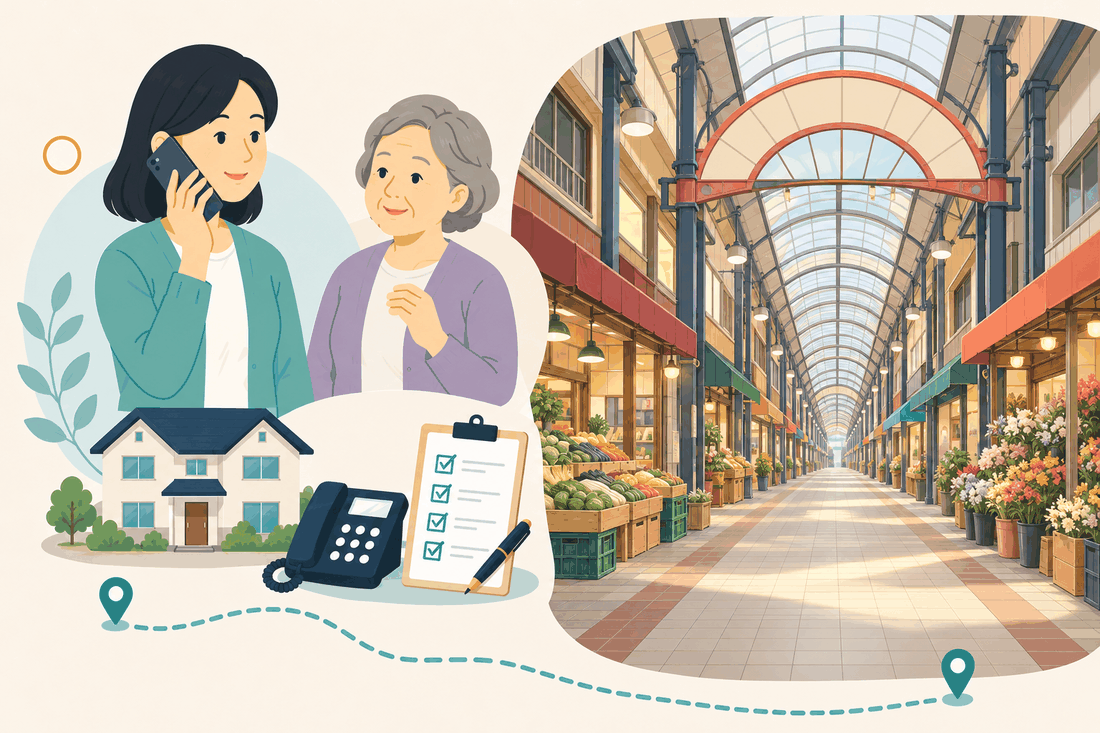 電話で相談する女性と親、住まい・固定電話・確認表と、鉄骨のアーチが続くガラス屋根のアーケード商店街と、店先に並ぶ野菜と花を描いた案内イラスト