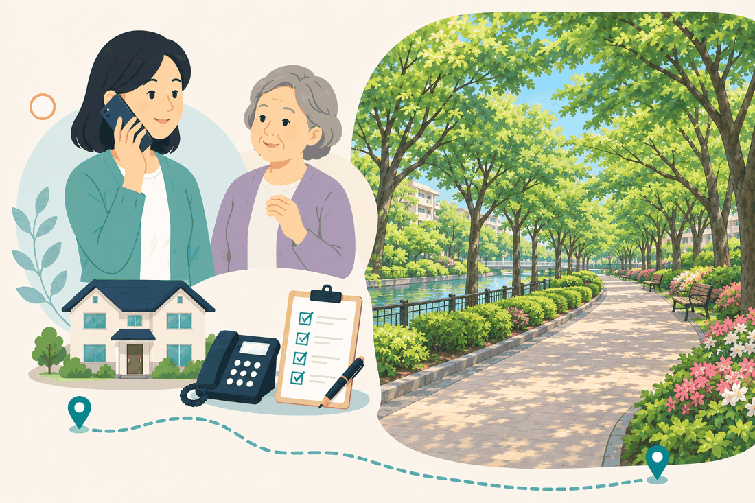 電話で相談する女性と親、住まい・固定電話・確認表と、水路に沿って続く並木の遊歩道と、ベンチ、ピンクと白のツツジの植え込み、遠くのマンションを描いた案内イラスト