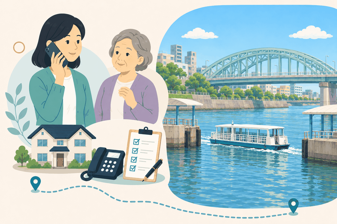 電話で相談する女性と親、住まい・固定電話・確認表と、川に架かる緑青色のアーチ橋と、川面を進む白い小さな渡し船、両岸の乗り場の屋根を描いた案内イラスト