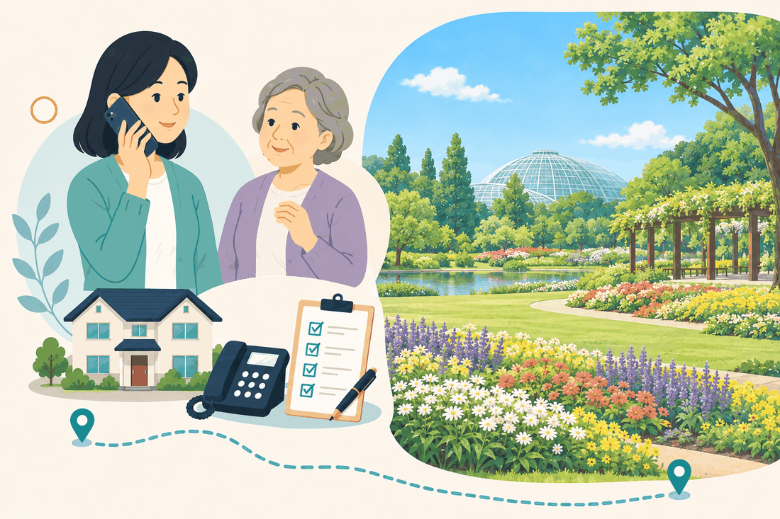 電話で相談する女性と親、住まい・固定電話・確認表と、色とりどりの花壇と木の棚、池、奥に見えるガラス張りのドーム温室を描いた案内イラスト