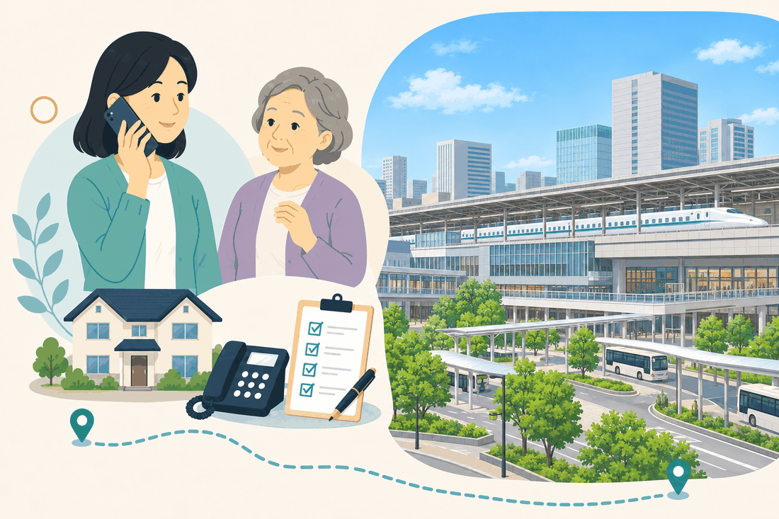 電話で相談する女性と親、住まい・固定電話・確認表と、高架のホームを走る白い新幹線と、ガラス張りの大きな駅舎、手前のバスと並木のロータリーを描いた案内イラスト