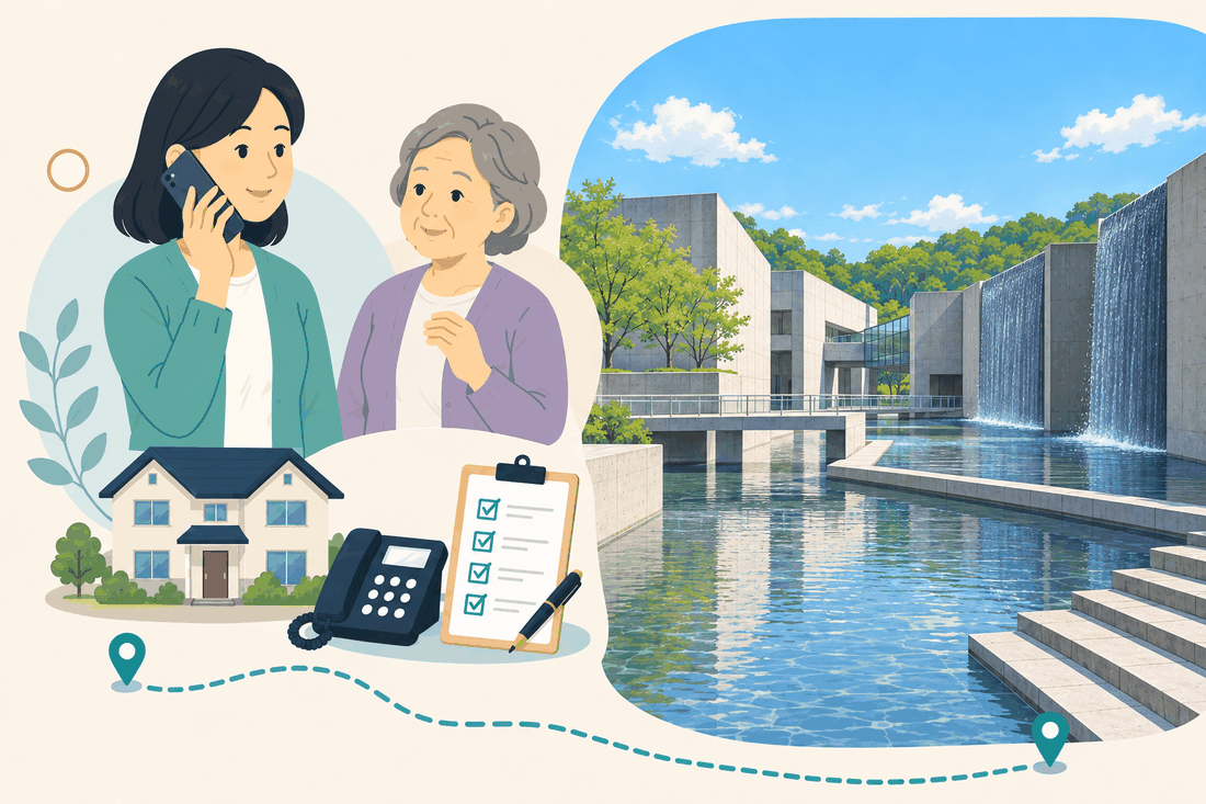電話で相談する女性と親、住まい・固定電話・確認表と、コンクリートの低い建物と、水が流れ落ちる壁、長い水庭と階段を描いた案内イラスト