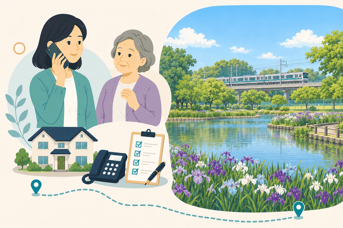 電話で相談する女性と親、住まい・固定電話・確認表と、水辺に咲く紫と白の花菖蒲と池、奥の高架を走る電車、木々を描いた案内イラスト
