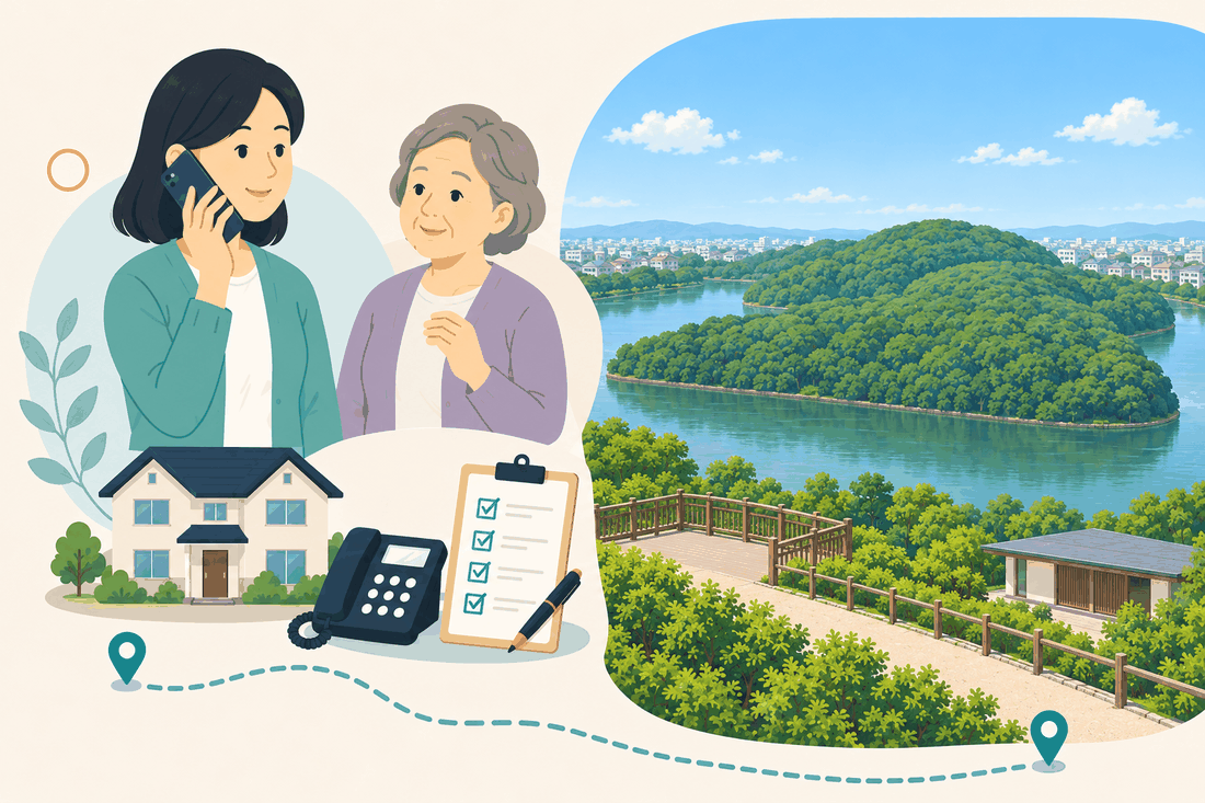 電話で相談する女性と親、住まい・固定電話・確認表と、木々に覆われた丘のような島を水面が囲む景色と、手前の展望デッキの手すり、小さな建物を描いた案内イラスト