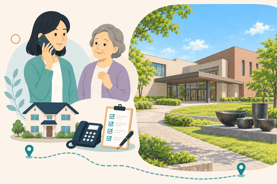 電話で相談する女性と親、住まい・固定電話・確認表と、煉瓦調と淡い石材の二層の建物、ガラスの玄関と深い庇、手前の芝生と園路、黒い鉢形の展示を描いた案内イラスト