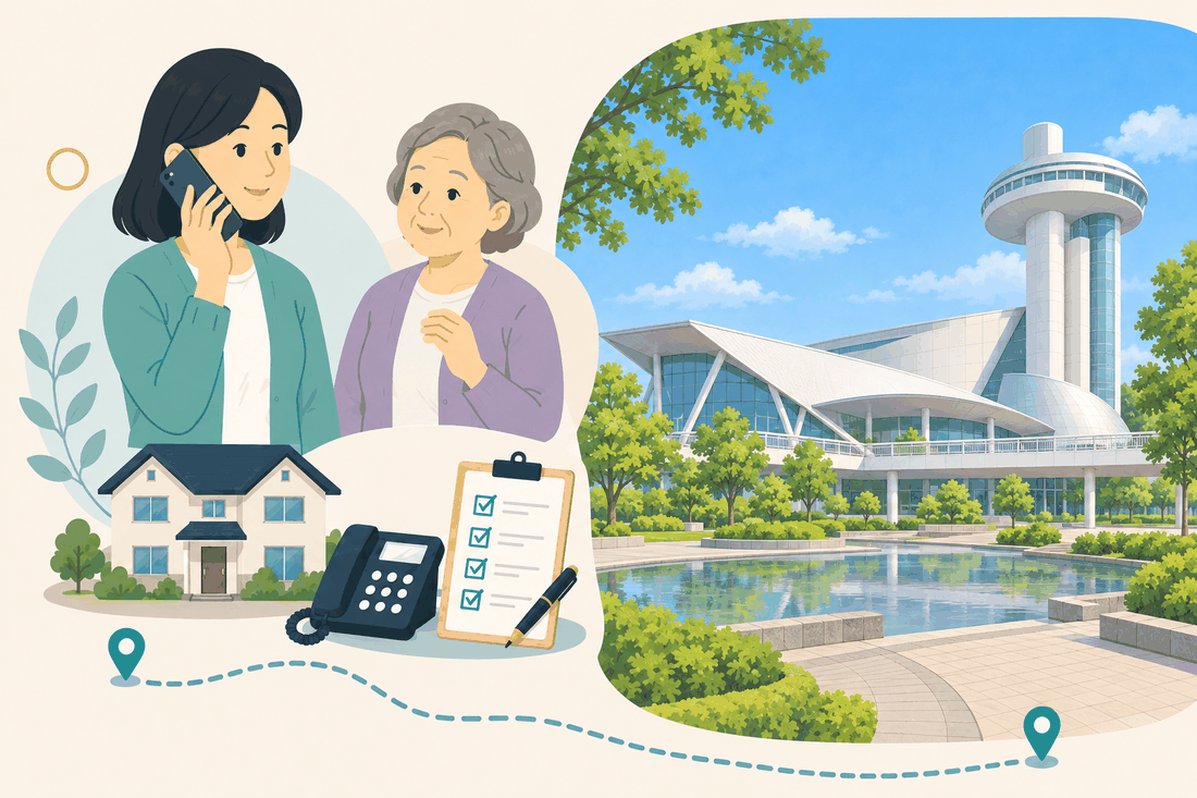 電話で相談する女性と親、住まい・固定電話・確認表と、円形の塔と曲線の白い屋根をもつガラス張りの大きな建物と、手前の水盤と緑地を描いた案内イラスト