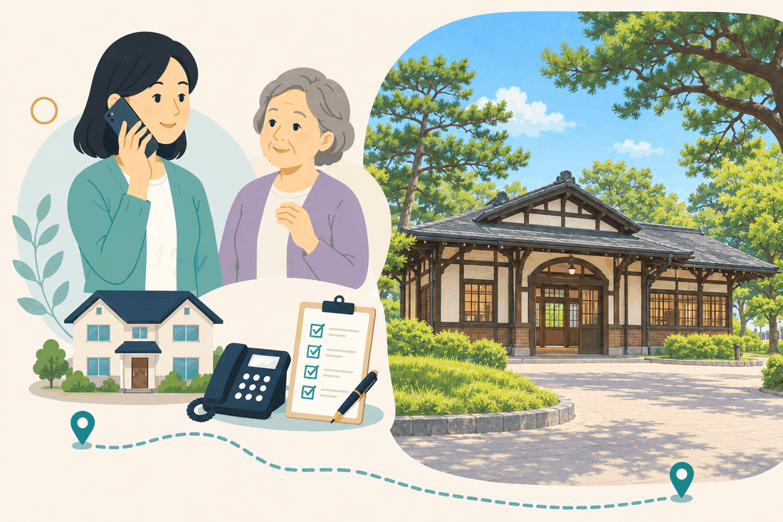 電話で相談する女性と親、住まい・固定電話・確認表と、木骨を見せた白壁に半円形の玄関のある平屋の洋風の建物と、松の木、前庭を描いた案内イラスト