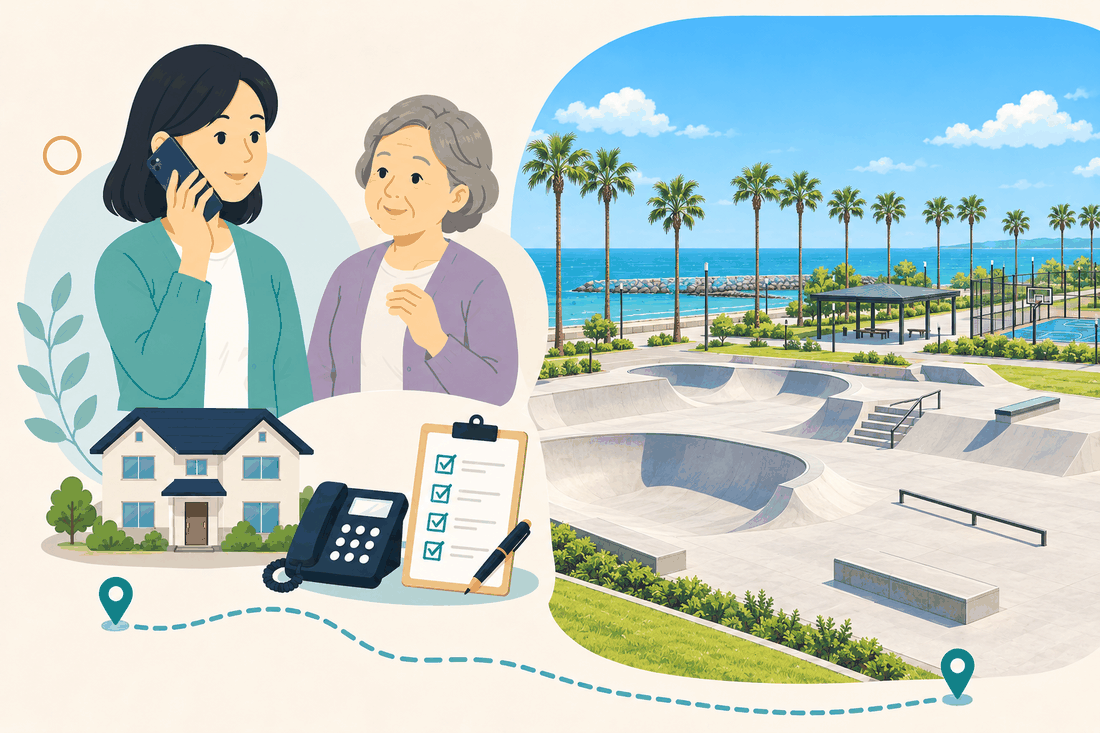 電話で相談する女性と親、住まい・固定電話・確認表と、ヤシ並木の海沿いに広がる、深いボウルとレールのあるコンクリートのスケートパークを描いた案内イラスト