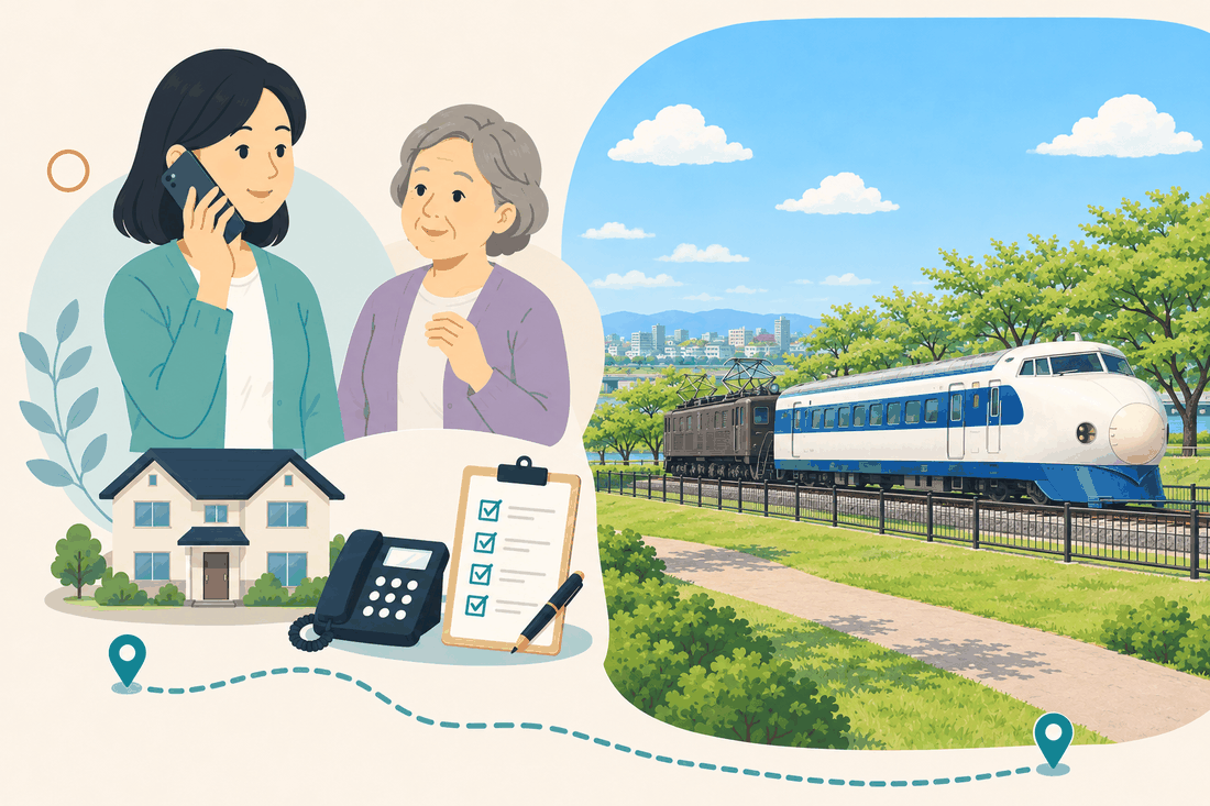 電話で相談する女性と親、住まい・固定電話・確認表と、堤の緑地に展示された、丸い先頭の白と青の新幹線車両と、後ろの濃色の電気機関車を描いた案内イラスト