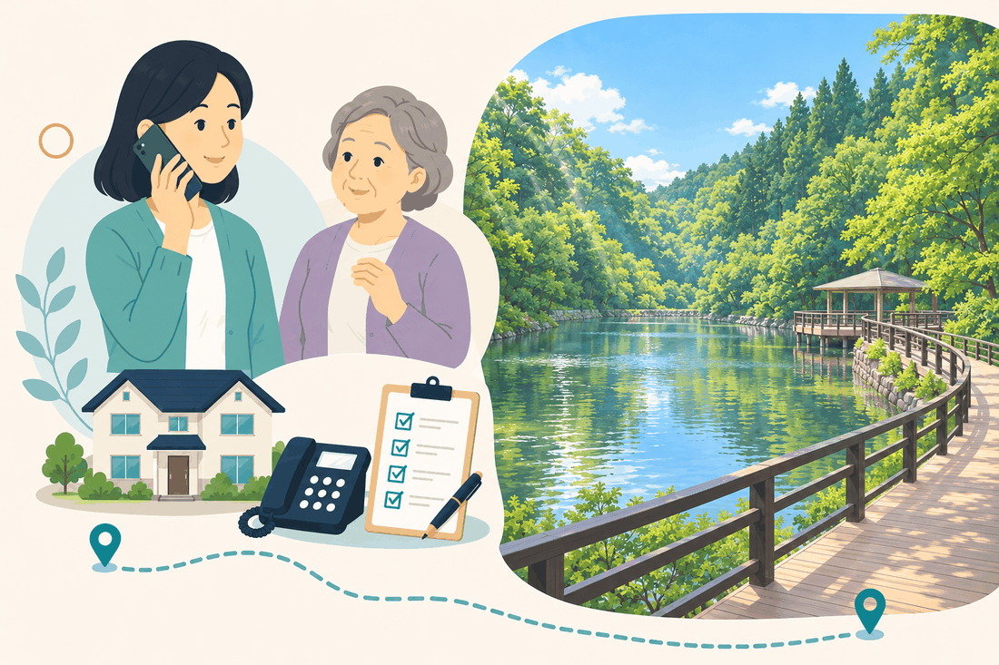 電話で相談する女性と親、住まい・固定電話・確認表と、森に囲まれた池の細長い水面と、木の遊歩道、小さな東屋を描いた案内イラスト